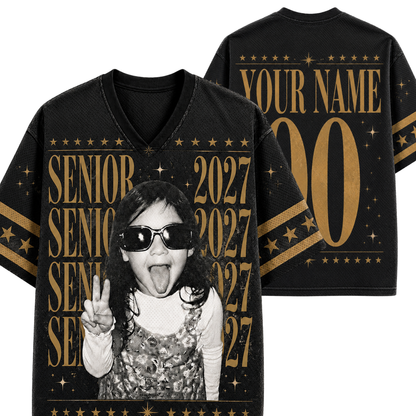 Front and back view of Chaotic Club Senior Class Vintage Bootleg Graduation Mesh Jersey in washed black and gold with customizable back.