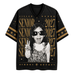 Front view of Chaotic Club Senior Mesh Jersey featuring retro vintage portrait graphic, repeating Senior graduation year typography, and star borders.