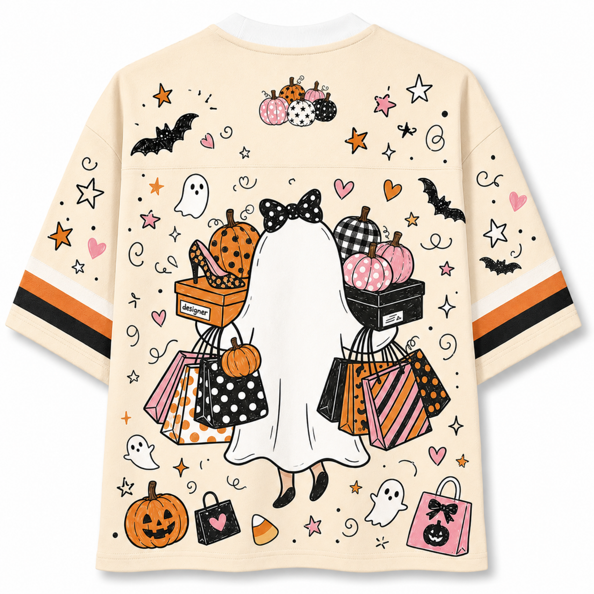 A cream-colored short-sleeve t-shirt with a vibrant Halloween graphic print. The design features a central ghost character carrying pumpkins, shopping bags, and a box, surrounded by stars, bats, ghosts, and jack-o'-lanterns.