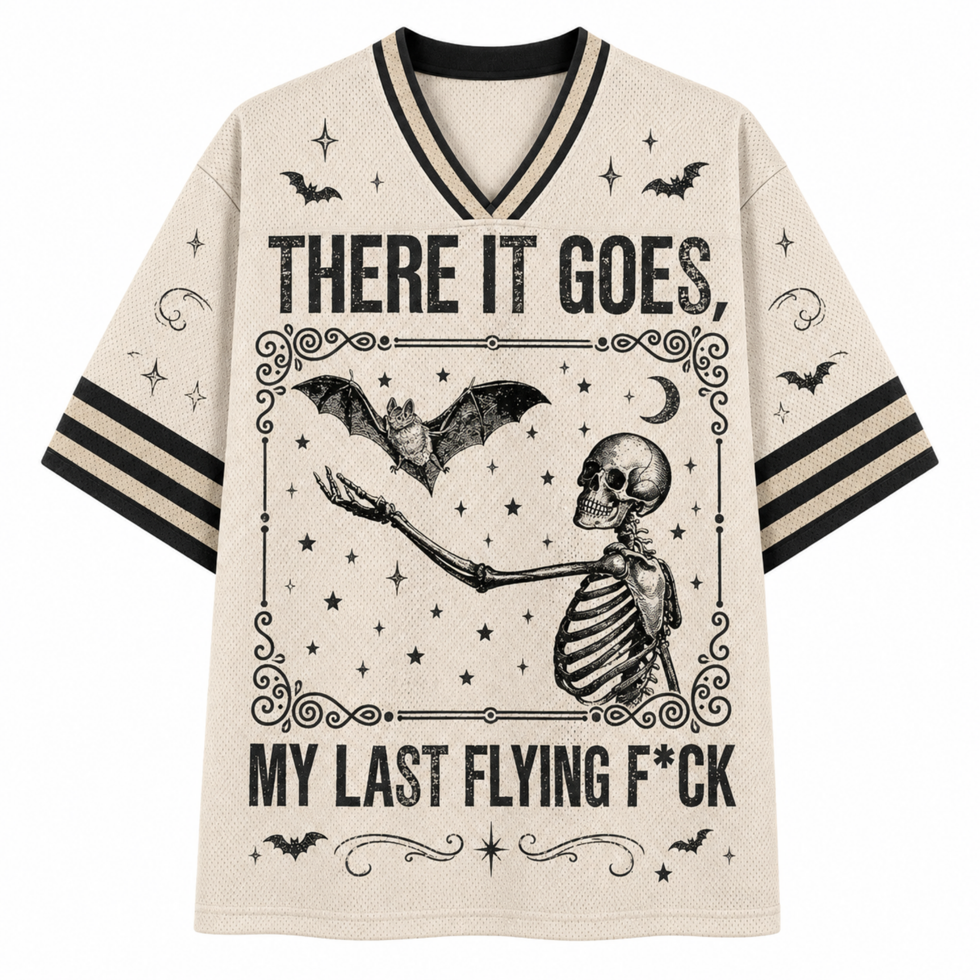 A cream-colored athletic-style t-shirt with black graphic prints of a skeleton, bats, stars, and the text 'THERE IT GOES, MY LAST FLYING F*CK' on a plain white background.