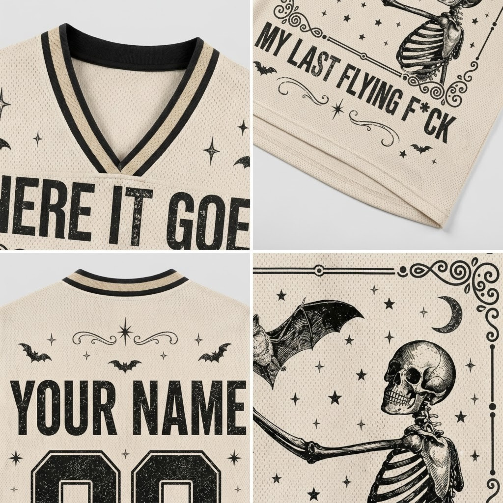 A collage showing close-up views of a beige mesh V-neck jersey with black Halloween-themed graphics, including a skeleton, bats, stars, and customizable text areas reading 'YOUR NAME' and 'YOUR NUMBER'.