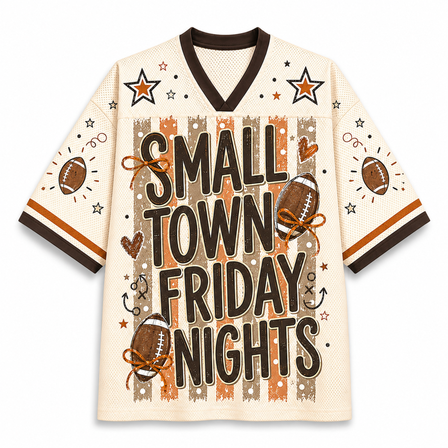 A cream-colored football jersey with 'SMALL TOWN FRIDAY NIGHTS' printed in bold black letters over brown and orange stripes on the front. The jersey features brown and black trim, star graphics, and football illustrations on the sleeves and front.