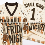 A four-panel close-up collage of a football-themed jersey or shirt design. The cream mesh-style fabric features dark brown V-neck trim, brown and orange distressed stripes, scattered star and dot motifs, a football graphic with a bow tie, and the text 'SMALL TOWN 1' and 'SMALL TOWN FRIDAY NIGHT'.