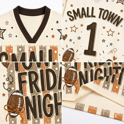 A four-panel close-up collage of a football-themed jersey or shirt design. The cream mesh-style fabric features dark brown V-neck trim, brown and orange distressed stripes, scattered star and dot motifs, a football graphic with a bow tie, and the text 'SMALL TOWN 1' and 'SMALL TOWN FRIDAY NIGHT'.