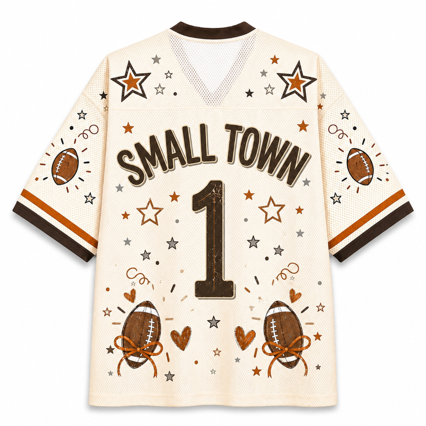 A cream-colored football jersey with 'SMALL TOWN' and the number '1' printed on the back, decorated with brown and orange footballs, stars, hearts, and confetti motifs.