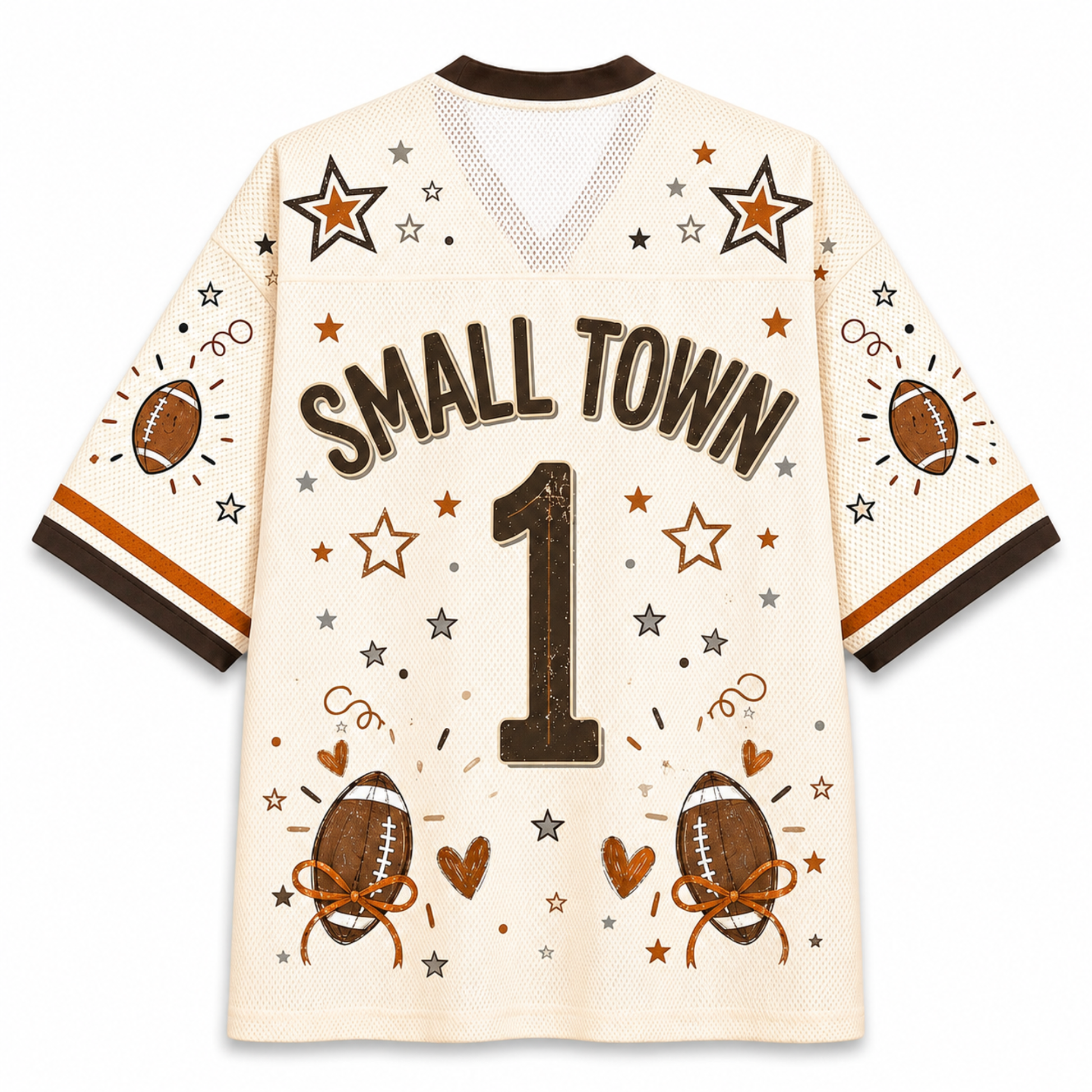 A cream-colored football jersey with 'SMALL TOWN' and the number '1' printed on the back, decorated with brown and orange footballs, stars, hearts, and confetti motifs.