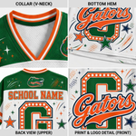A four-panel product detail graphic showing a green and white Florida Gators themed V-neck jersey. The panels highlight the collar, bottom hem, back view with customizable school name text, and front print detail with the Gators logo and large number graphic.