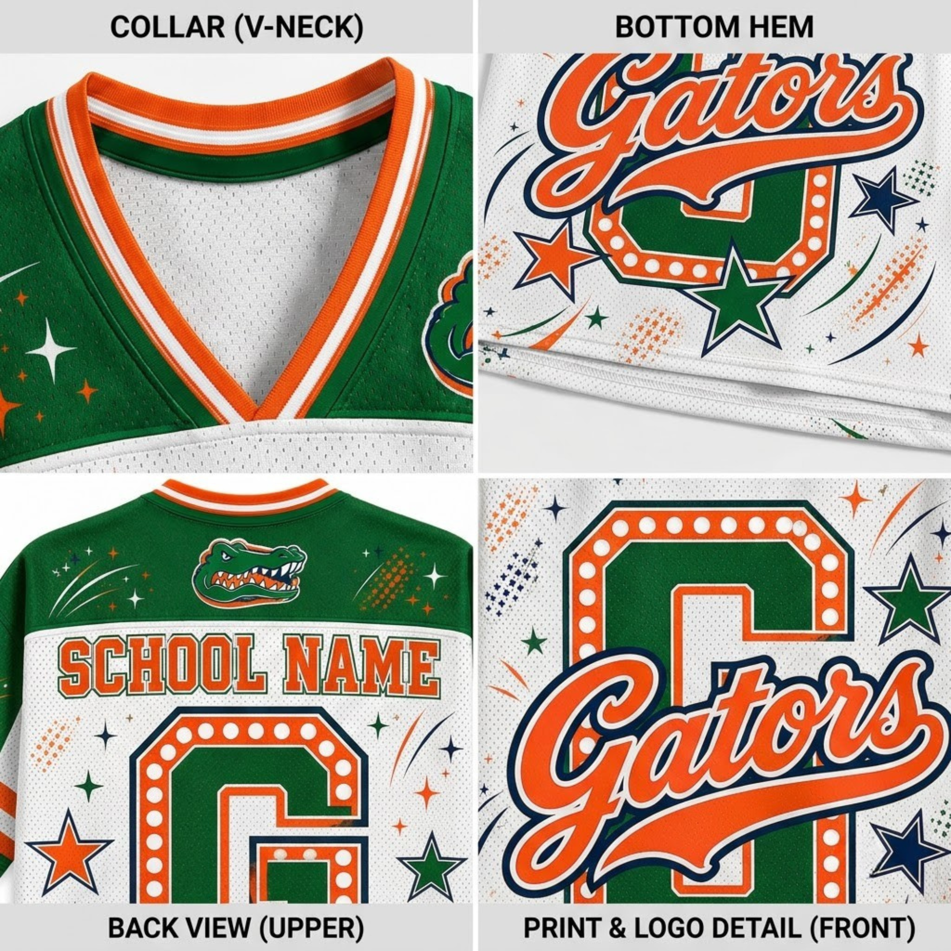A four-panel product detail graphic showing a green and white Florida Gators themed V-neck jersey. The panels highlight the collar, bottom hem, back view with customizable school name text, and front print detail with the Gators logo and large number graphic.