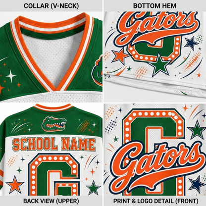 A four-panel product detail graphic showing a green and white Florida Gators themed V-neck jersey. The panels highlight the collar, bottom hem, back view with customizable school name text, and front print detail with the Gators logo and large number graphic.