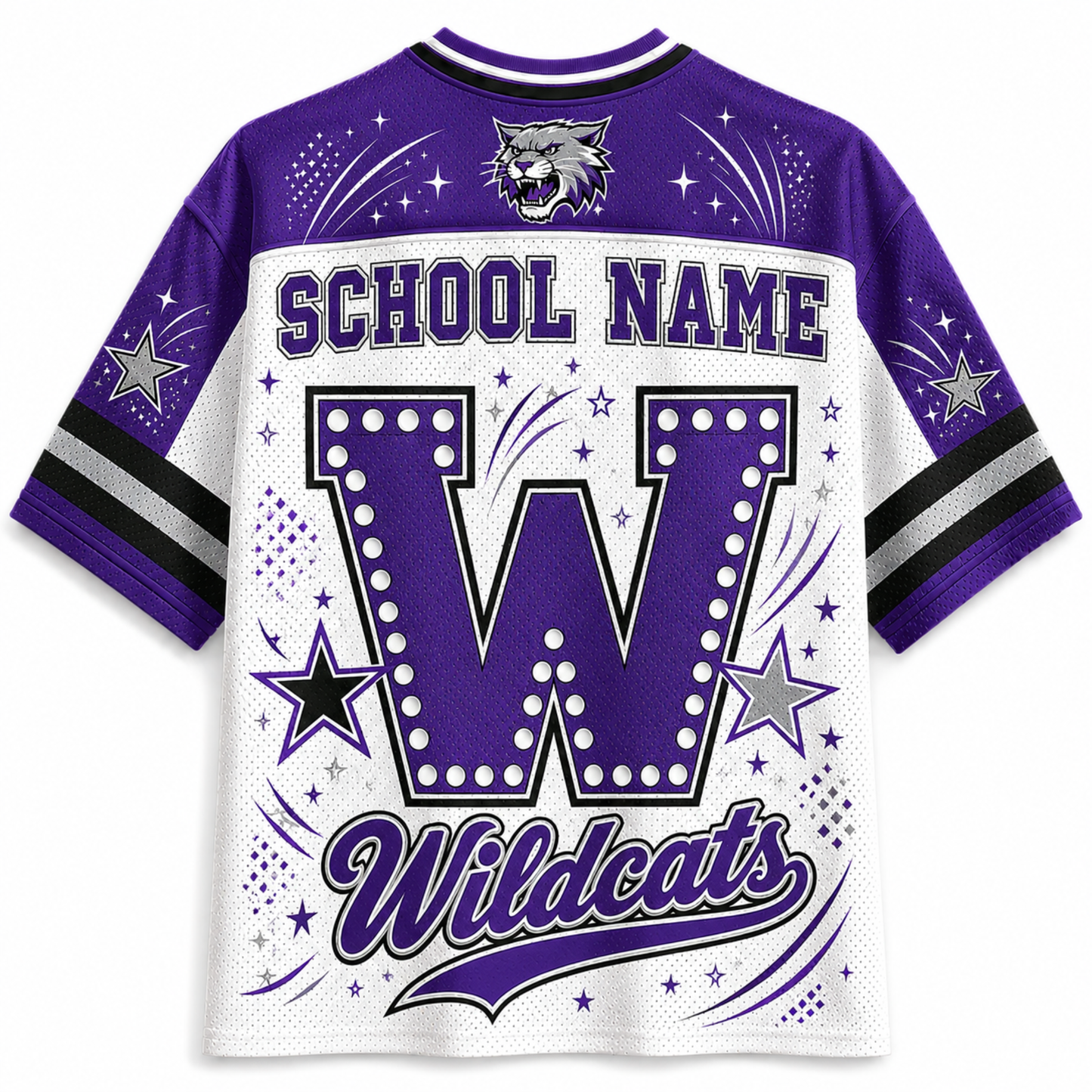 A purple and white short-sleeve athletic jersey with a large letter W, the word Wildcats, and customizable SCHOOL NAME text on the back, shown on a plain white background.
