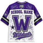 A purple and white short-sleeve athletic jersey with a large letter W, the word Wildcats, and customizable SCHOOL NAME text on the back, shown on a plain white background.