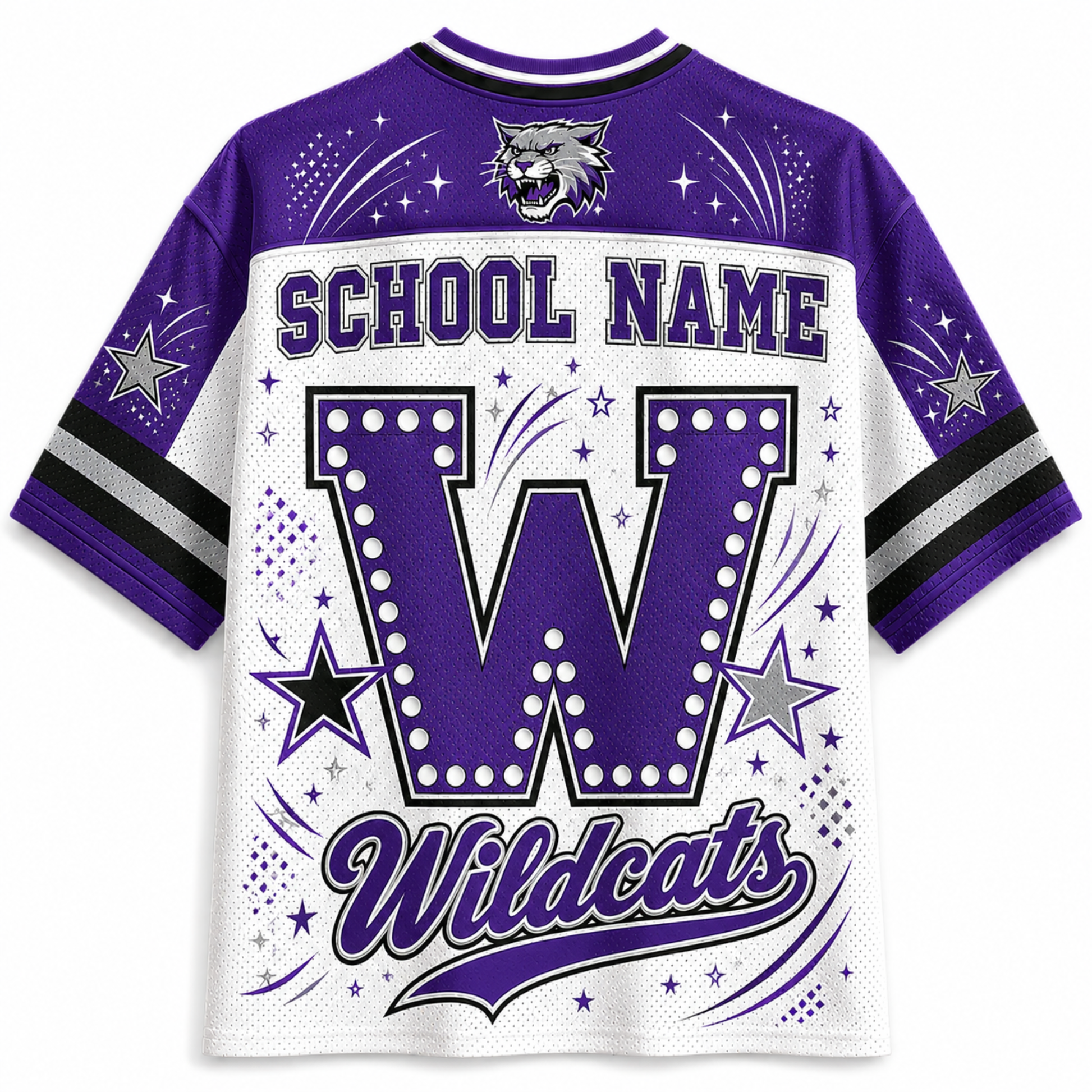 A purple and white short-sleeve athletic jersey with a large letter W, the word Wildcats, and customizable SCHOOL NAME text on the back, shown on a plain white background.