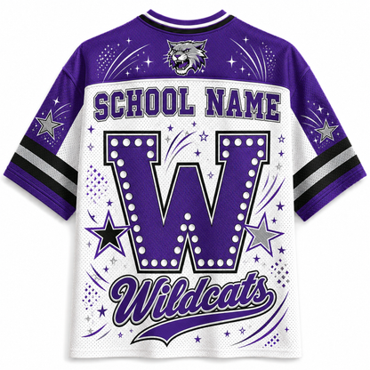 A purple and white short-sleeve athletic jersey with a large letter W, the word Wildcats, and customizable SCHOOL NAME text on the back, shown on a plain white background.