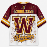 A customizable athletic jersey shown from the back, featuring a maroon and white color-blocked design with gold accents. The top half is maroon with a gold Spartan helmet logo and 'SCHOOL NAME' text, while the bottom half is white with a large maroon and gold 'W' and 'Warriors' script.
