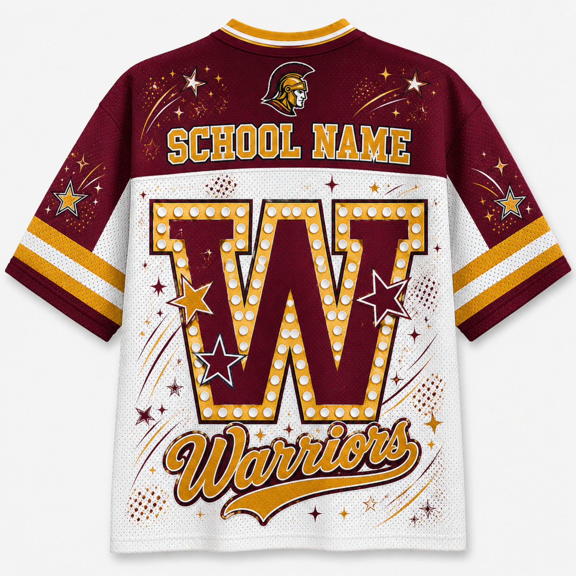 A customizable athletic jersey shown from the back, featuring a maroon and white color-blocked design with gold accents. The top half is maroon with a gold Spartan helmet logo and 'SCHOOL NAME' text, while the bottom half is white with a large maroon and gold 'W' and 'Warriors' script.