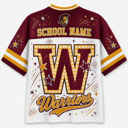 A customizable athletic jersey shown from the back, featuring a maroon and white color-blocked design with gold accents. The top half is maroon with a gold Spartan helmet logo and 'SCHOOL NAME' text, while the bottom half is white with a large maroon and gold 'W' and 'Warriors' script.