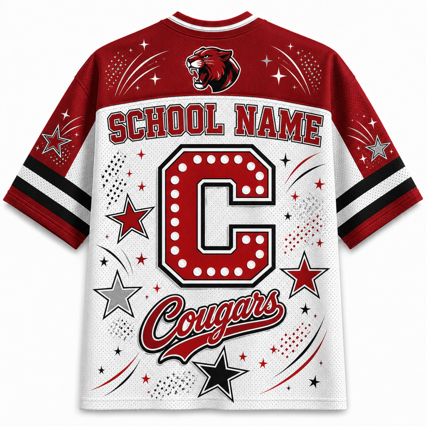 A custom sports jersey shown from the back, featuring a red and white design with 'SCHOOL NAME' printed across the upper back, a large marquee-style letter 'C' in the center, 'Cougars' in script below, and a cougar mascot head graphic at the top. The jersey has red, white, and black color blocking on the sleeves and collar, decorated with stars and graphic patterns.
