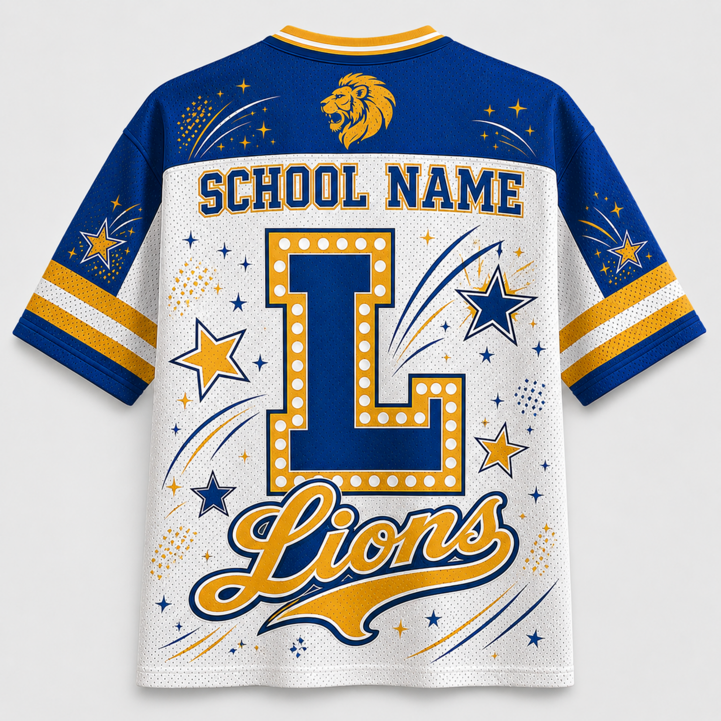 Custom sports jersey shown from the back, featuring a white mesh body with a large blue and gold letter 'L' outlined with dots, the word 'Lions' in script, 'SCHOOL NAME' text, and a lion head graphic on the upper back. The sleeves are blue with gold and white stripes.