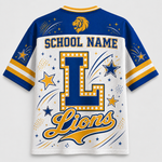 Custom sports jersey shown from the back, featuring a white mesh body with a large blue and gold letter 'L' outlined with dots, the word 'Lions' in script, 'SCHOOL NAME' text, and a lion head graphic on the upper back. The sleeves are blue with gold and white stripes.