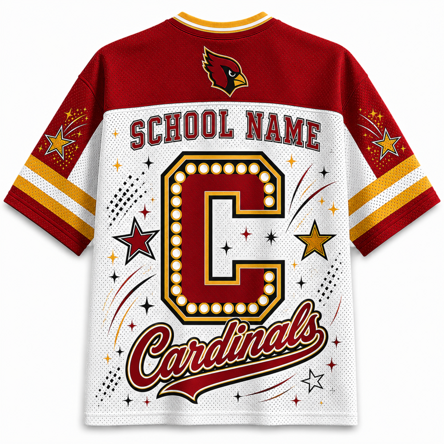 A customizable Cardinals school spirit jersey shown from the back, featuring a red and white design with a large marquee-style letter 'C', 'SCHOOL NAME' text, and 'Cardinals' script. The collar and sleeve cuffs have red, white, and yellow stripes, and the back features a red cardinal logo.