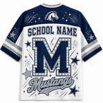 Customizable navy blue and white short-sleeve jersey shirt with a large letter 'M' outlined with light bulbs, 'SCHOOL NAME' text, 'Mustangs' script, and a horse head logo on the back.