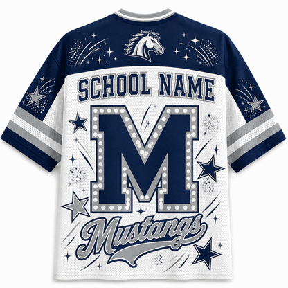 Customizable navy blue and white short-sleeve jersey shirt with a large letter 'M' outlined with light bulbs, 'SCHOOL NAME' text, 'Mustangs' script, and a horse head logo on the back.