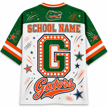 Custom Florida Gators themed short-sleeve jersey shown from the back, featuring a large customizable 'G' in green and orange, 'SCHOOL NAME' text, 'Gators' script, and an alligator logo on a white mesh background with green and orange sleeve stripes.