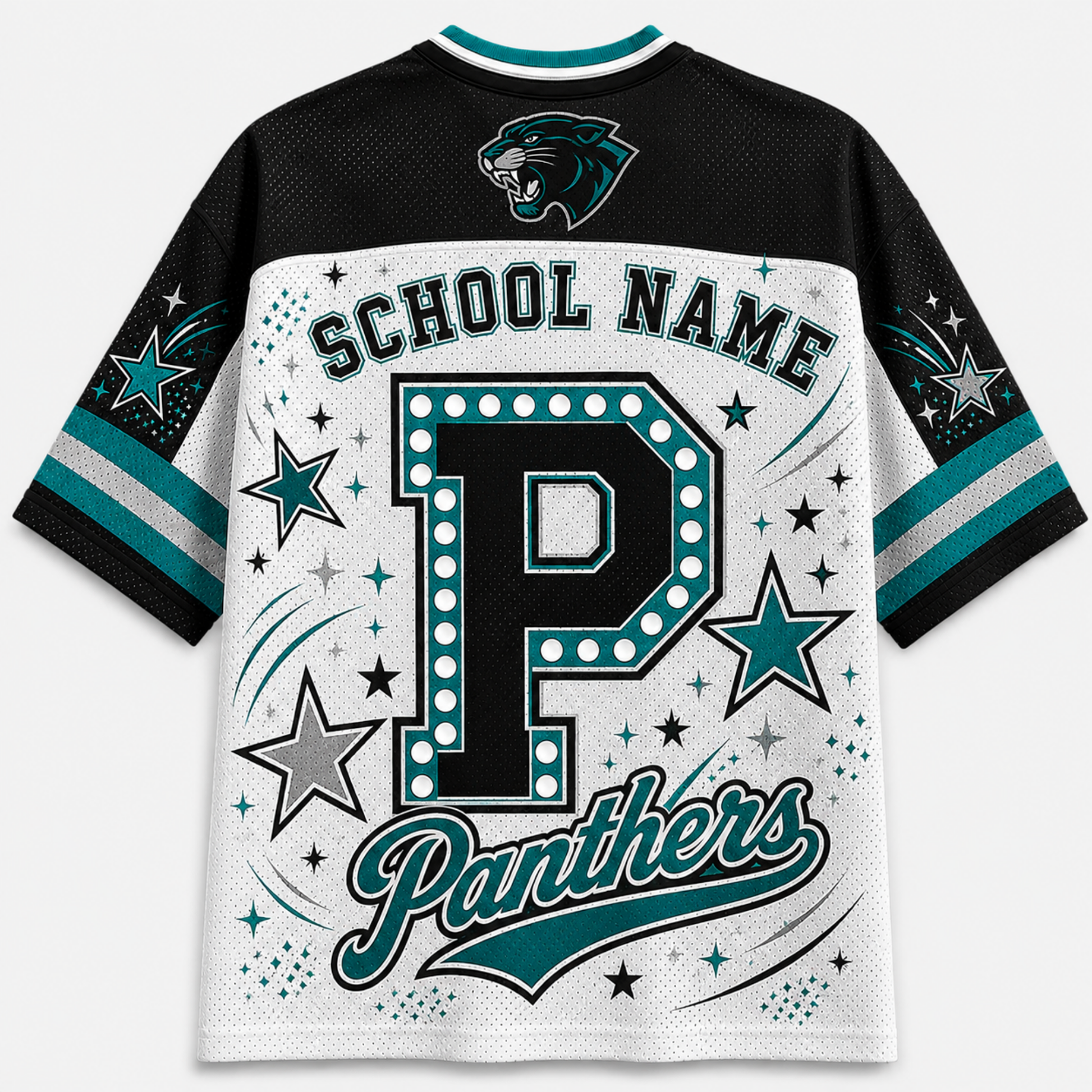 A custom Panthers school spirit jersey shown from the back, featuring a black mesh shoulder and sleeve, a white mesh body, and teal and black graphics including a large letter 'P', stars, and 'Panthers' script.