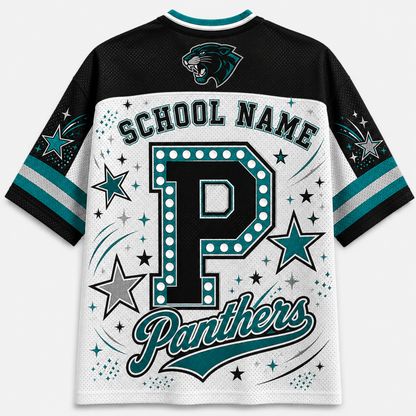 A custom Panthers school spirit jersey shown from the back, featuring a black mesh shoulder and sleeve, a white mesh body, and teal and black graphics including a large letter 'P', stars, and 'Panthers' script.