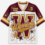 A maroon and white mesh short-sleeve football-style jersey with gold trim, featuring a large maroon and gold 'W' with the word 'Warriors' across the front, plus placeholder text 'SCHOOL NAME' and a Spartan helmet logo on the upper chest.