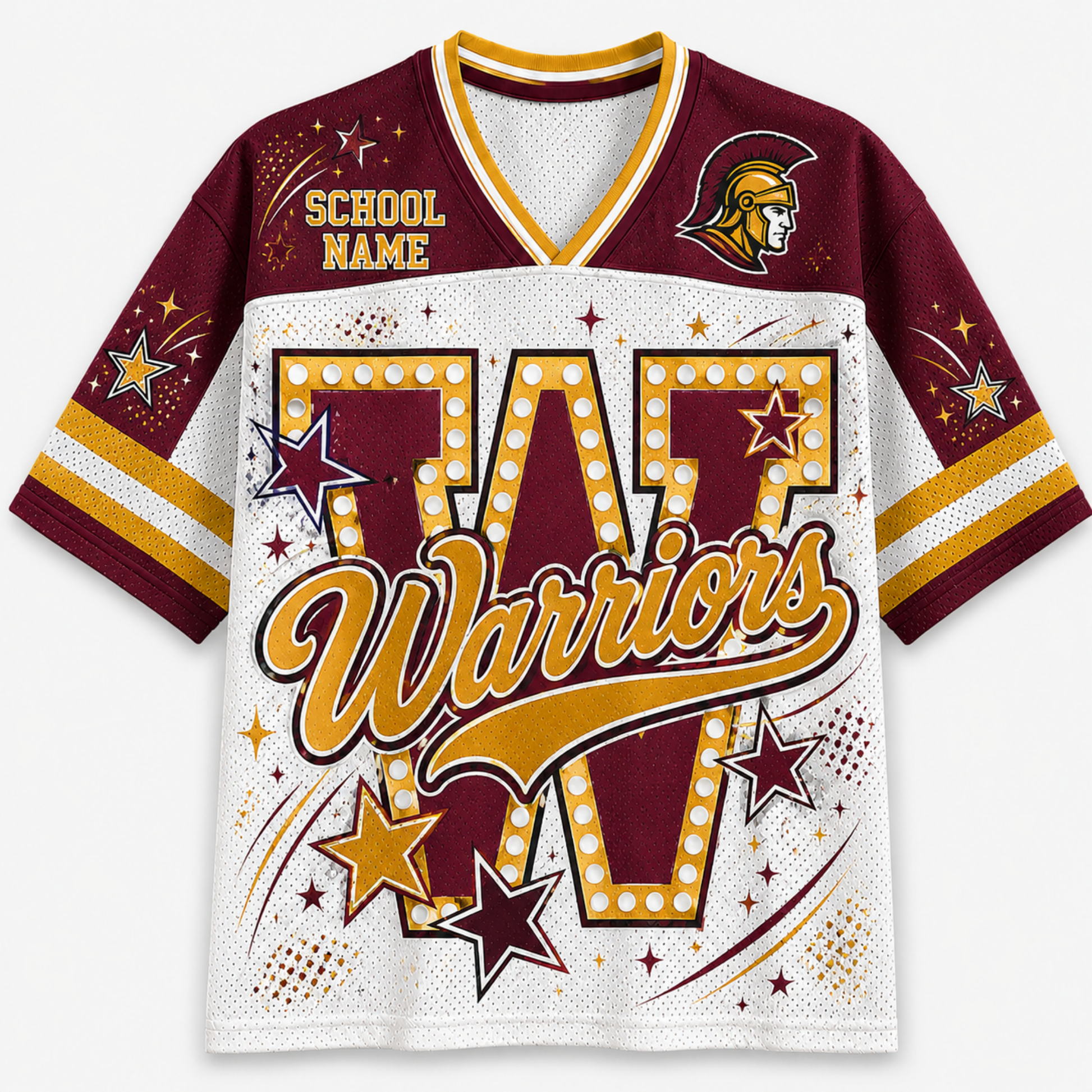 A maroon and white mesh short-sleeve football-style jersey with gold trim, featuring a large maroon and gold 'W' with the word 'Warriors' across the front, plus placeholder text 'SCHOOL NAME' and a Spartan helmet logo on the upper chest.