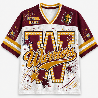 A maroon and white mesh short-sleeve football-style jersey with gold trim, featuring a large maroon and gold 'W' with the word 'Warriors' across the front, plus placeholder text 'SCHOOL NAME' and a Spartan helmet logo on the upper chest.