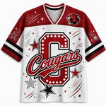 A short-sleeve V-neck athletic jersey with a white mesh body and red sleeves, featuring a large red letter 'C' with 'Cougars' script across the front, star and spark graphics, and a cougar head logo on the upper right chest.