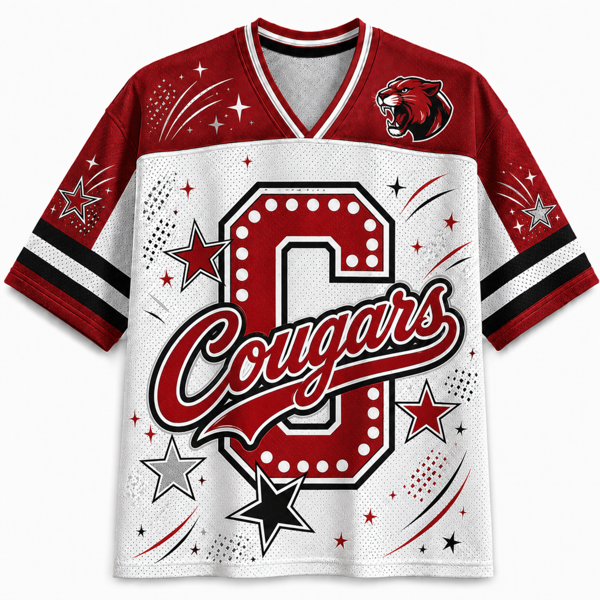 A short-sleeve V-neck athletic jersey with a white mesh body and red sleeves, featuring a large red letter 'C' with 'Cougars' script across the front, star and spark graphics, and a cougar head logo on the upper right chest.