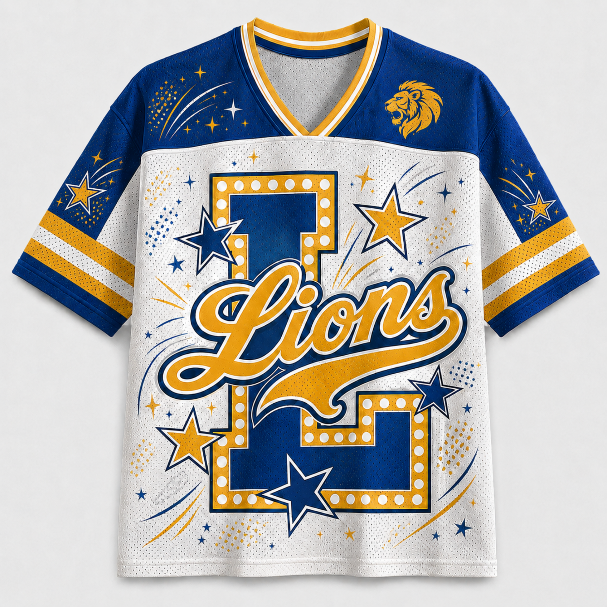 A short-sleeve V-neck jersey with a white body, royal blue sleeves and collar trim, and yellow/gold graphic details including the word 'Lions', stars, stripes, and a lion head logo on the shoulder.