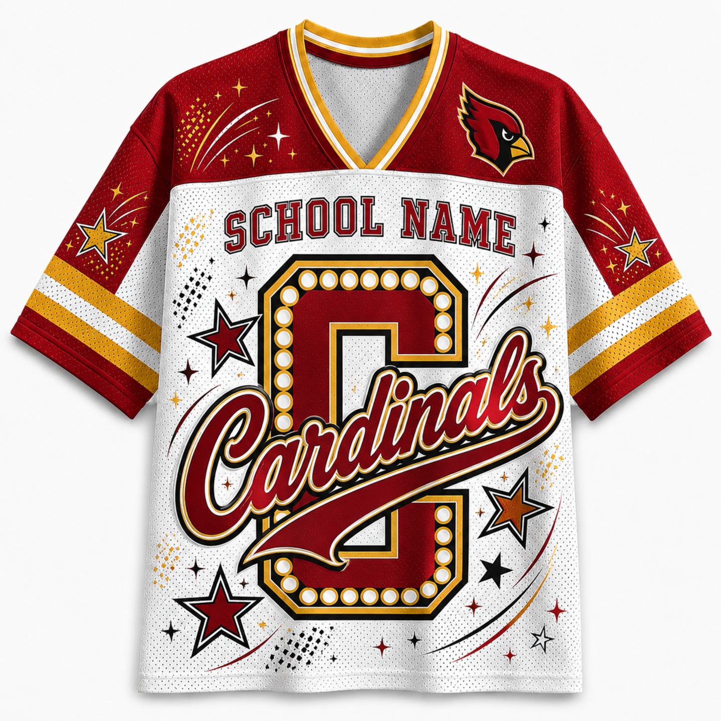 A custom school spirit jersey with a white body, red and gold sleeves, and a large marquee-style 'C' with the word 'Cardinals' across the front. The collar is V-neck with red and yellow trim, and the right chest features a cardinal bird logo.