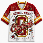 A custom school spirit jersey with a white body, red and gold sleeves, and a large marquee-style 'C' with the word 'Cardinals' across the front. The collar is V-neck with red and yellow trim, and the right chest features a cardinal bird logo.