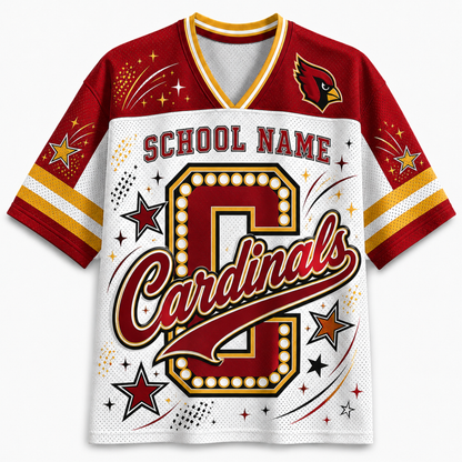 A custom school spirit jersey with a white body, red and gold sleeves, and a large marquee-style 'C' with the word 'Cardinals' across the front. The collar is V-neck with red and yellow trim, and the right chest features a cardinal bird logo.