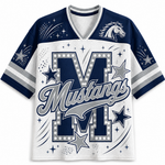 A short-sleeve V-neck athletic jersey with a white and navy blue design. The front features a large letter 'M' outlined with stars, the word 'Mustangs' in script across the center, a horse head logo on the upper right chest, and star/firework graphics on the sleeves and shoulders.