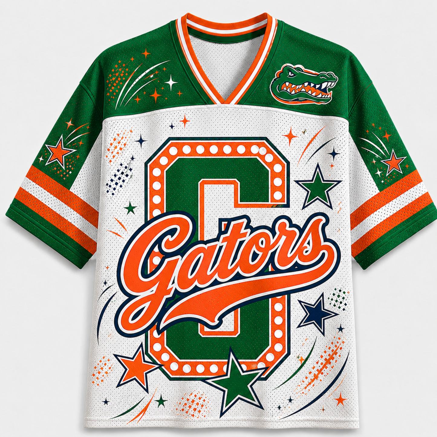 A green and white Florida Gators themed short-sleeve jersey with orange, green, and white graphics, featuring a large 'G' and 'Gators' script on the front.