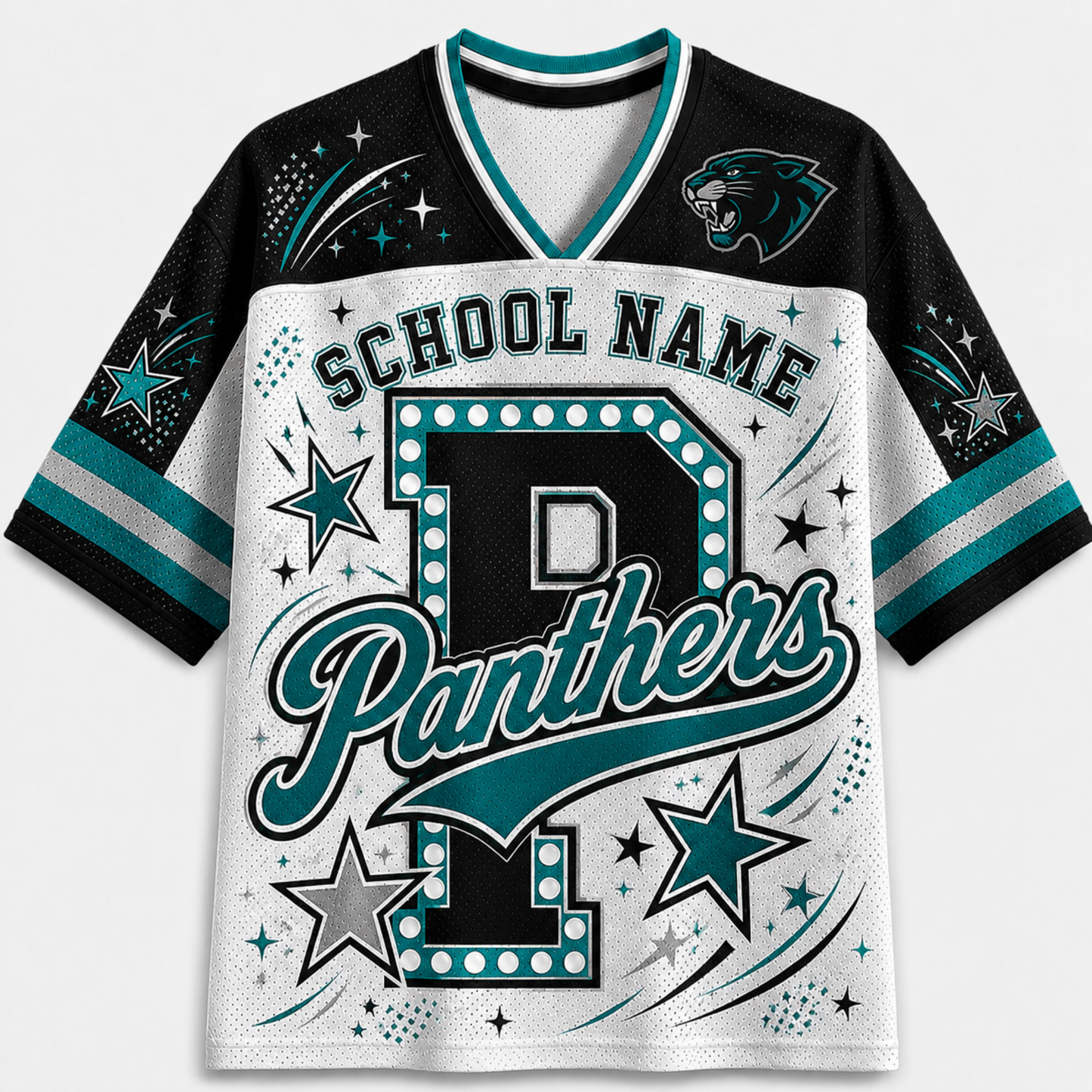 A customizable short-sleeve V-neck jersey with a black and white body, teal and white striped sleeves, and a large front graphic featuring the text 'SCHOOL NAME Panthers' and a large letter 'P' outlined with dots.