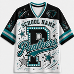 A customizable short-sleeve V-neck jersey with a black and white body, teal and white striped sleeves, and a large front graphic featuring the text 'SCHOOL NAME Panthers' and a large letter 'P' outlined with dots.