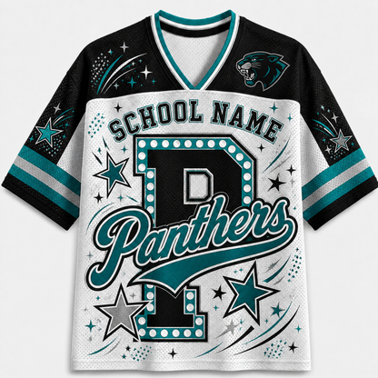 A customizable short-sleeve V-neck jersey with a black and white body, teal and white striped sleeves, and a large front graphic featuring the text 'SCHOOL NAME Panthers' and a large letter 'P' outlined with dots.
