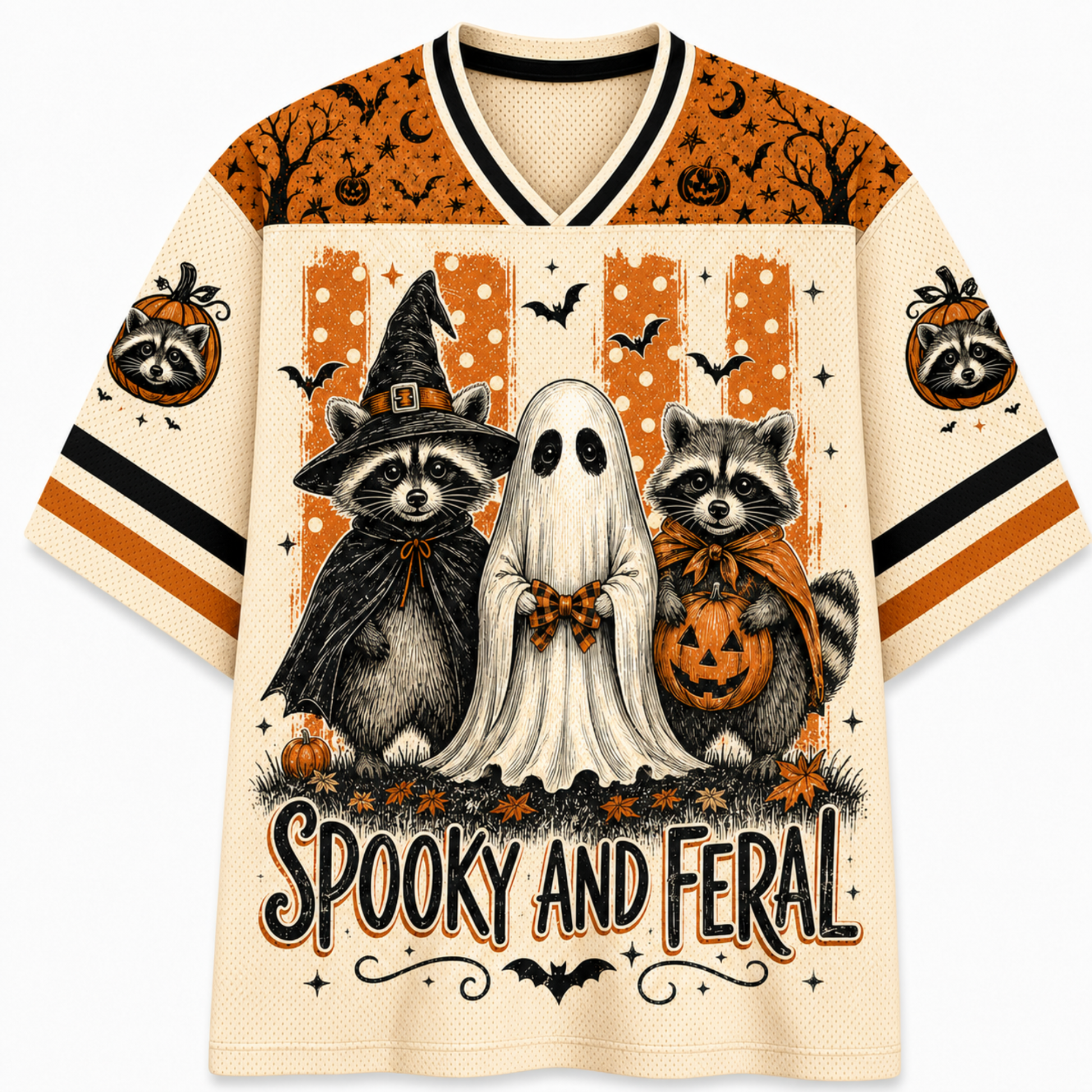 Front view of the cream varsity jersey displaying 'SPOOKY AND FERAL' typography below a witch raccoon, sheet ghost, and pumpkin-holding raccoon.