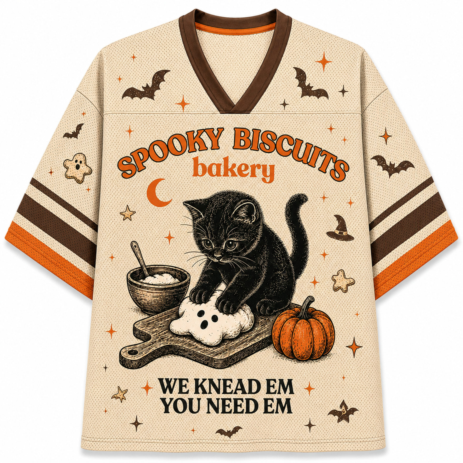 A beige V-neck t-shirt with a Halloween-themed graphic print. The design features a black kitten kneading a ghost biscuit on a cutting board, surrounded by a pumpkin, a bowl of dough, and stars.