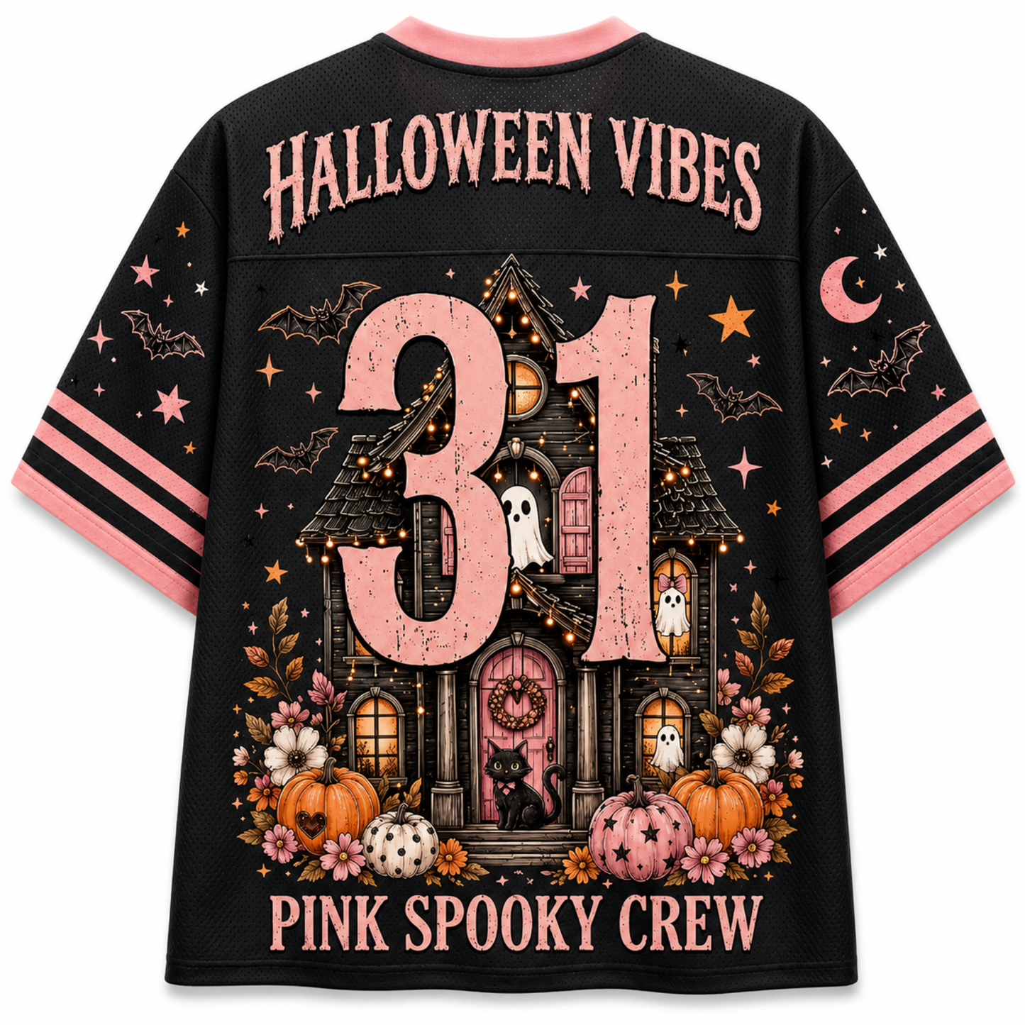 A black short-sleeve graphic T-shirt shown from the back, featuring a large pink '31' over a haunted house illustration with ghosts, pumpkins, stars, bats, and the text 'HALLOWEEN VIBES' and 'PINK SPOOKY CREW'. The shirt has pink collar and sleeve trim, and pink-and-black striped sleeve bands.