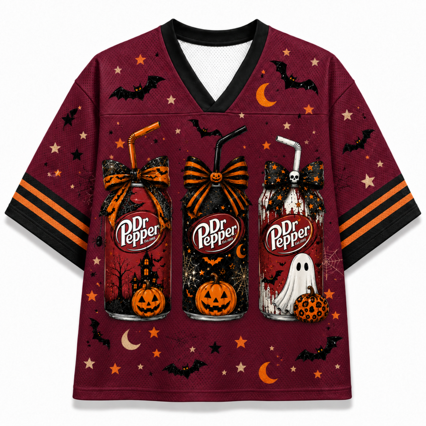 A maroon V-neck athletic-style t-shirt with black and orange striped sleeves, featuring a Halloween-themed all-over print with bats, stars, moons, and three Dr Pepper cans decorated with jack-o'-lanterns, ghosts, and bows.