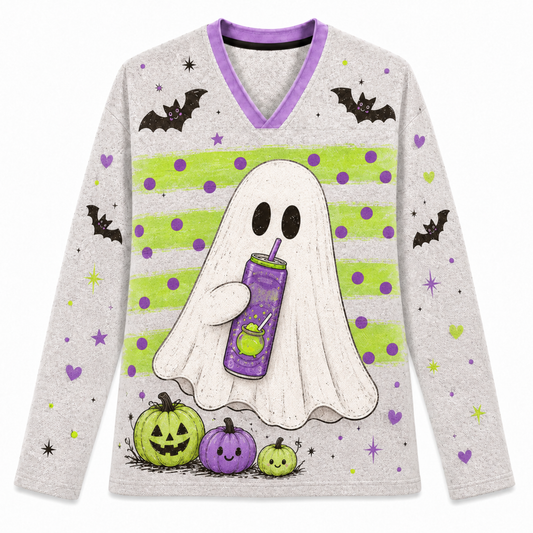 Front view of Chaotic Club Long Sleeve Jersey featuring cute ghost sipping an energy drink can, flying bats, and neon green and purple pumpkins.
