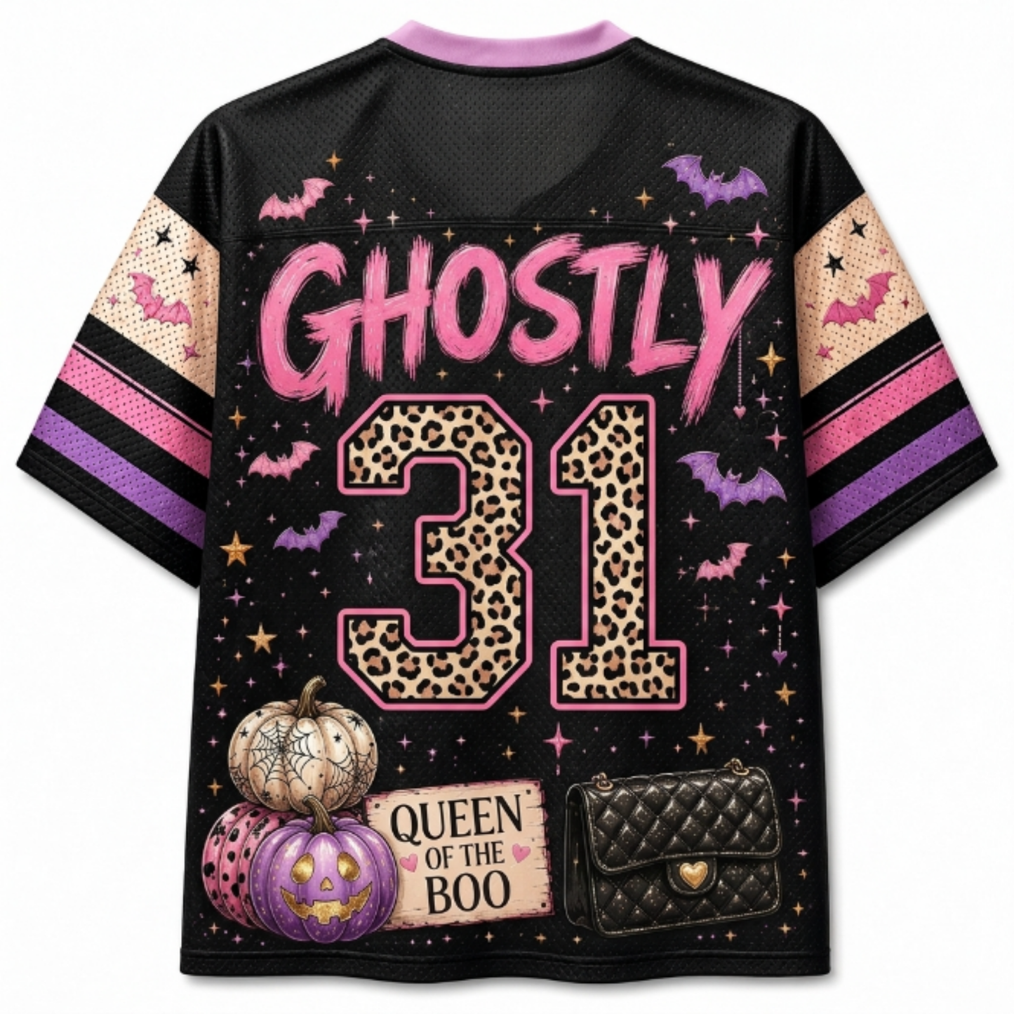 A black short-sleeve mesh jersey-style shirt shown from the back, featuring a Halloween-themed graphic print with the word 'GHOSTLY' in pink, the number '31' in leopard print, bats, pumpkins, stars, and a quilted purse illustration. The sleeves have pink, purple, and beige striped patterns.