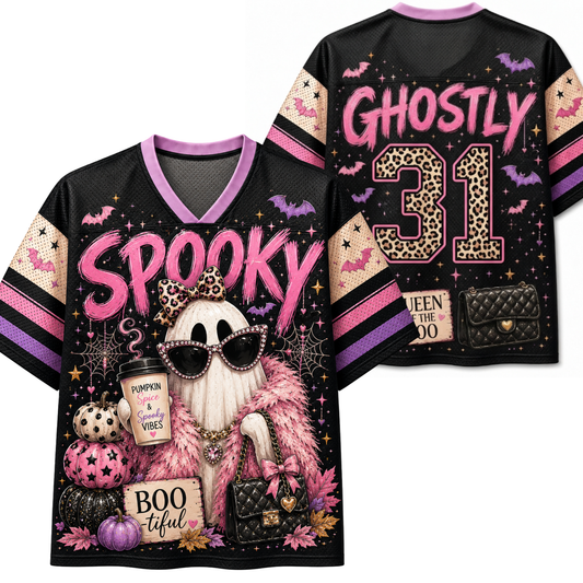 A black V-neck football-style shirt shown from the front and back, featuring a Halloween-themed graphic with pink 'Spooky' lettering, a ghost in sunglasses, leopard-print number 31, bats, pumpkins, and purple and pink accents.